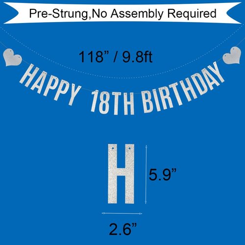 Happy 18th Birthday Banner, Pre-Strung,Silver Glitter Paper Garlands Banner for 18th Birthday Party Decorations Supplies, Letters Silver,Betteryanzi