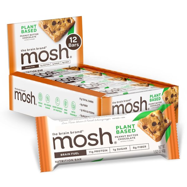 MOSH Peanut Butter Chocolate Plant Based Protein Bars, 12pk, Keto Snack, Gluten-Free, No Added Sugar, 11g Plant Based Protein, Lion's Mane, B12 Vitamins, Supports Brain Health, Breakfast To-Go