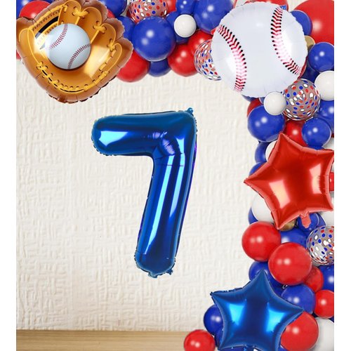 Kwuz Baseball Balloons 7th Birthday Decorations for Boys | Baseball Birthday Decoration Sports Theme Party Supplies, 32Inch Foil Mylar Number 7 Balloon Navy Blue Red White Sports Balloon Arch Kits
