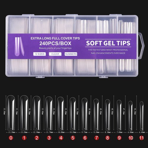 Cycullinyt Long Square Acrylic Fake Clear Nail Tips Set, 240Pcs Full Cover Artificial False Nails Tips Kit Press on Nails, 12 Sizes French Nail Tips for DIY Nails Salon at Home