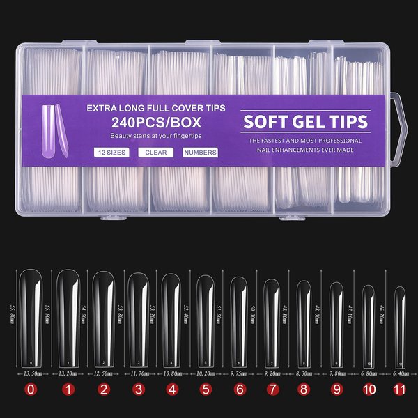 Cycullinyt Long Square Acrylic Fake Clear Nail Tips Set, 240Pcs Full Cover Artificial False Nails Tips Kit Press on Nails, 12 Sizes French Nail Tips for DIY Nails Salon at Home