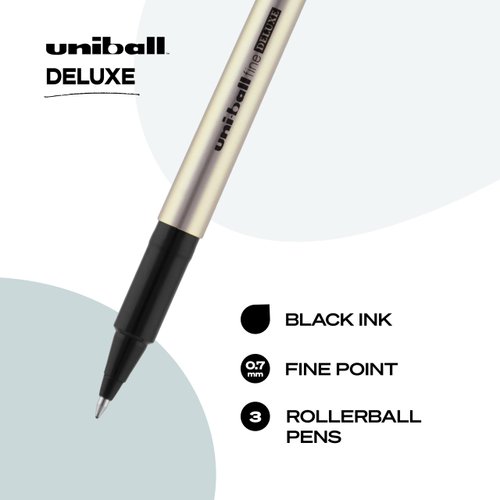 Uniball Deluxe Rollerball Pen, 3 Black Pens, 0.7mm Fine Point Roller Pens| Office Supplies, Ink Pens, Colored Pens, Fine Point, Smooth Writing Pens, Ballpoint Pens