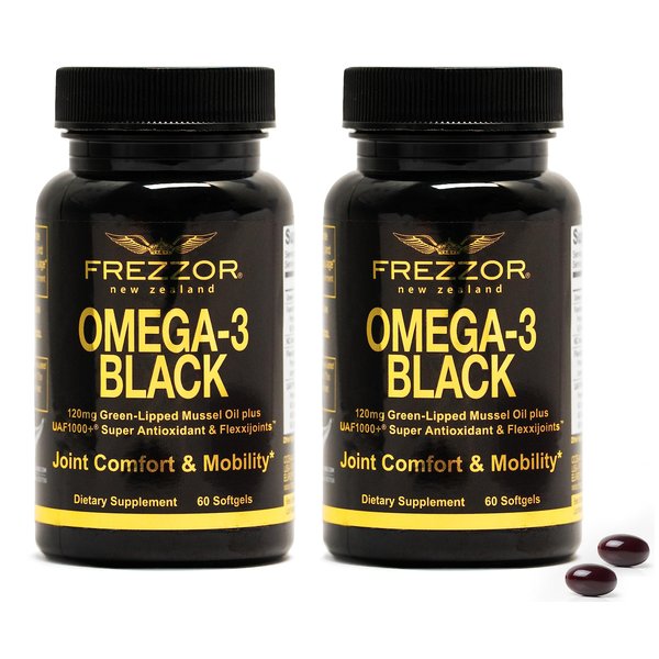 FREZZOR Omega 3 Black for Joint Care & Comfort - New Zealand Green Lipped Mussel Oil Capsules; 53x Higher Potency with UAF1000+ Super Antioxidant, No Fishy Aftertaste, 60 Count (Pack of 2)