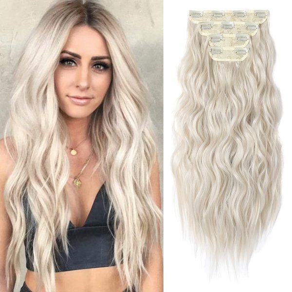 REECHO Hair Extensions, 4PCS Clip in Hair Extensions HE001 Natural Soft Synthetic Hairpieces for Women, Platium Blonde