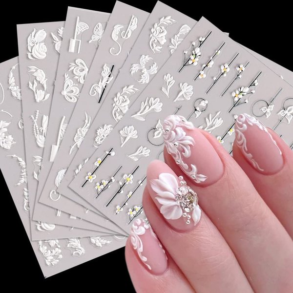 5D Flowers Nail Art Stickers, 6 Sheets Relief Flower Nail Decals Self Adhesive Nail Art Supplies White Flowers Butterfly Nail Stickers for Acrylic Nails Floral Nail Decorations for Women Nail Art DIY