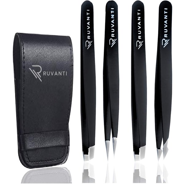 Ruvanti Tweezers 4 Pieces Set for Men/Women - Best for Plucking Eyebrow Facial & Ingrown Hairs, Slant Tip Pointed Straight & Precise - Black