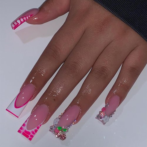 24 Pcs Duck Nails Press on Pink French Tips Press on Nails Duck Feet Style False Nails with Rhinestone ＆ Cherry Designs Glossy Duck Nail Tips Gel Acrylic Manicure False Nails Kit