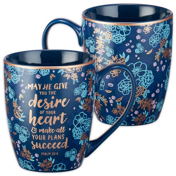 Christian Art Gifts Floral Navy Blue Ceramic Coffee Mug – 12 oz. Lead & Cadmium-free Inspirational Scripture Coffee and Tea Mug for Men and Women with Bible Verse: The Desire Of Your Heart –Psalm 20:4
