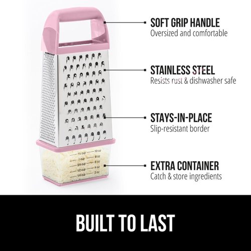 Gorilla Grip Professional 100% BPA Free 4-Sided Cheese Grater, Stainless Steel XL Box Graters with Ergonomic Handle, Parmesan Shredder, Ginger Carrot Slicer, Dishwasher Safe, Includes Container, Pink