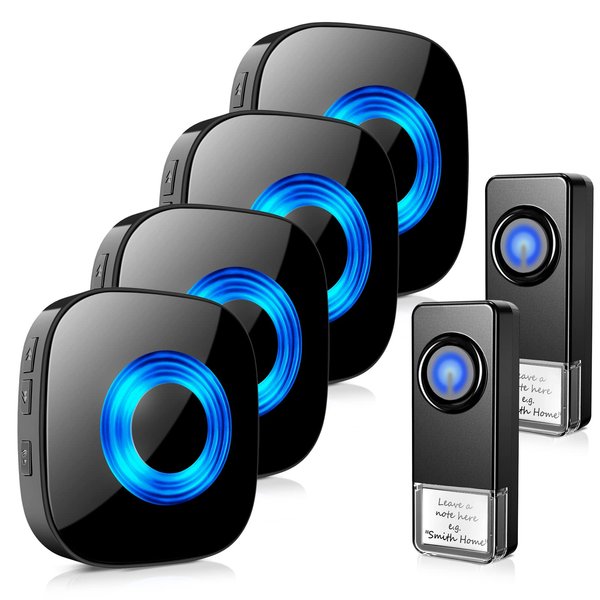 Wireless Doorbell for Home, Waterproof Door Chime Kit Operating at 1300-ft 58 Adjustable Melodies & 5 Volume Levels -PHYSEN Door Bell Wireless with LED Strobe, 2 Push Buttons + 4 Plug in Receivers