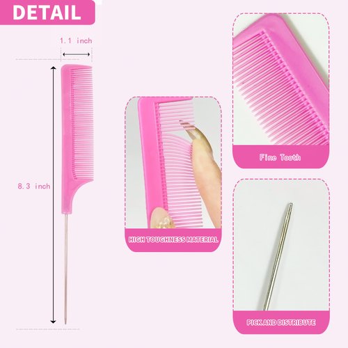 20 Pcs Hair Rat Tail Combs Parting Rattail Combs Teasing Fine Tooth Comb Metal Hair Pick Detangling Combs Set for Women