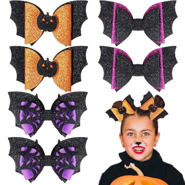 PEOVLVN 6 Pcs Halloween Hair Clips, Horror Bat Spider Hair Clip Halloween Hair Bows Glitter Hair Barrette Halloween Hair Accessories for Women Girls Cosplay Halloween Party Decorations
