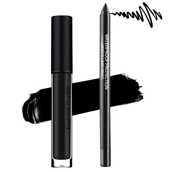 WENJLYJ 2PCS Black Liquid Lipstick & Lip Liner Set,Matte Lipstick for Women,Waterproof Long Lasting Non-Stick Cup Black Lip Gloss Set,Black Lip Liner Lipgloss Set for Cosplay Goth Halloween Makeup