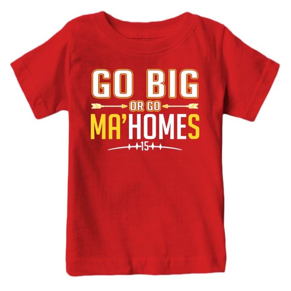 Go Big or Go Ma'homes Kids Football Fan T-Shirt (Red T-Shirt, YL)