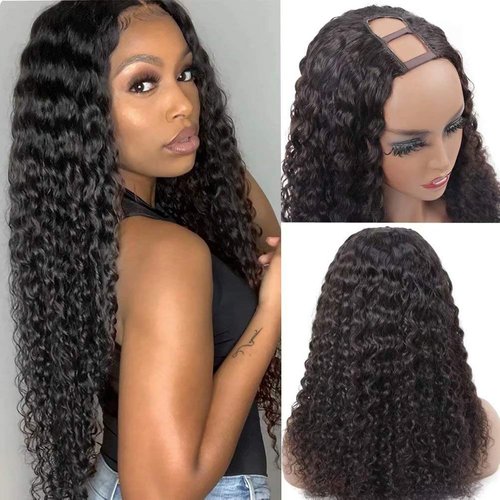 U Part Wig Human Hair Brazilian Deep Wave U Part Wigs for Black Women Virgin Remy Deep Curly Human Hair Wigs Glueless Full Head Clip in Half Wig U Shape Wig 150% Density Natural Color (30 Inch)