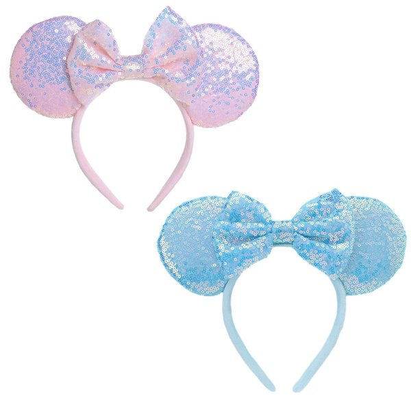 ASHONE Mouse Ears Headbands for Women Girls Boys Groups Mouse Ears Shiny Bows for Birthday Themed Events Accessories Party (Blue pink 2, One Size)