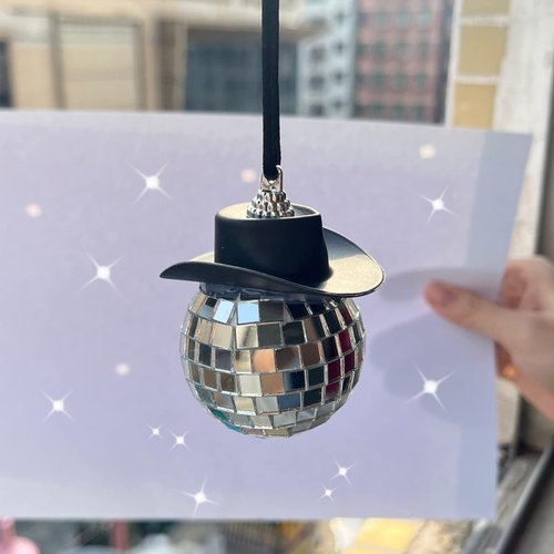 SPANSEE Black Disco Ball Cowboy Hat Car Accessory, Mirror Ornament, Interior Accessories