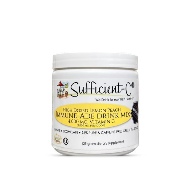 Sufficient-C High Dose Non-GMO Vitamin C Lemon Peach Immune-Ade Drink Mix, convenient 125 Gram size w/L-lysine, Bromelain & a Premium 96% Pure Green Tea Extract - stomach friendly, adrenal supportive