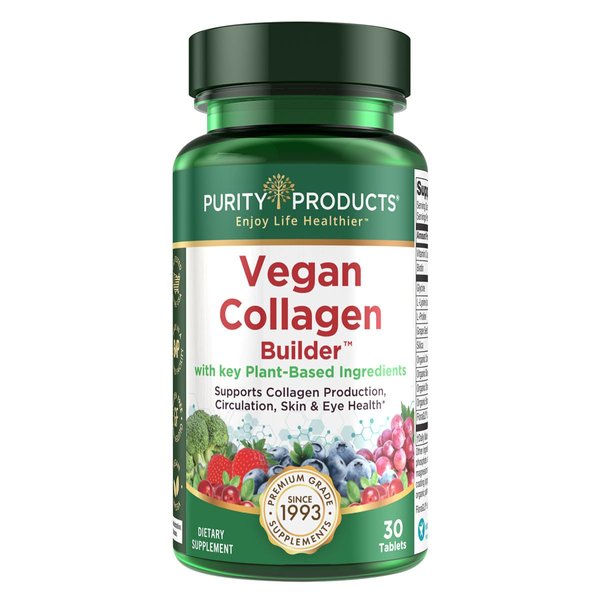 Vegan Collagen Builder - Organic Whole Foods Fruits + Veg, Silica, Lutein, Vitamin C, Biotin, Grape Seed - Amino Acids Glycine, Lysine + Proline Collagen Boosters - Once A Day - 30 Tablets