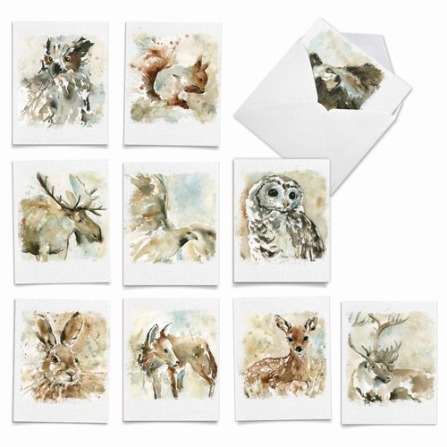 The Best Card Company - 10 Assorted Blank Notecards Box Set 4 x 5.12 Inch with Envelopes (10 Designs, 1 Each) Boxed Assorted Kid Cards of Pets - WATERCOLOR WILDLIFE M6629OCB