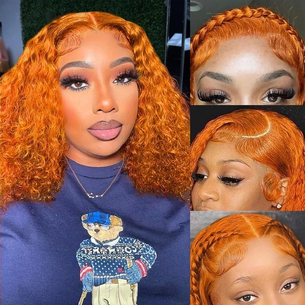 GOLFMAX 12 Inch Water Wave Bob Wig Human Hair Ginger Lace Front Wigs Human Hair Deep Wave Curly Short Bob Wig 13x4 Lace Frontal Glueless Wigs Human Hair With Elastic Band