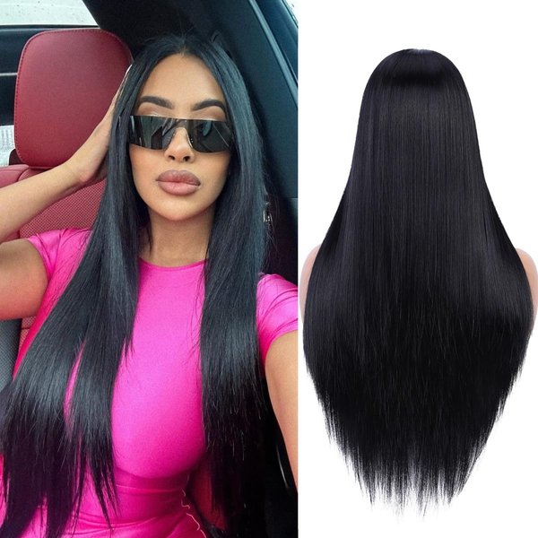 Quick Wig Long Straight Wig Black Wigs for Women and Girls Middle Part Natural Hairline Long Synthetic Full Wig for Daily Party Costume Use
