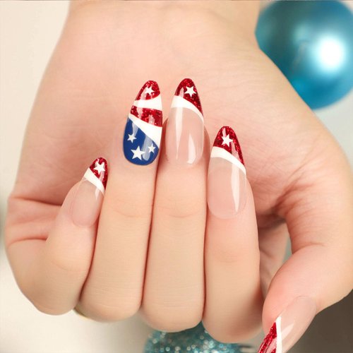 4th of July Nails Medium Press on Nails Almond Fake Nails with American Flag Star Patriotic Cute Acrylic Nails Red French Tips Glue on Nails Independence Day Nails Press ons for Women 24 Pcs