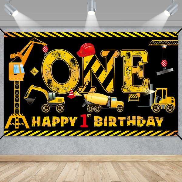 Construction 1st Birthday Banner Decorations for Boys Kids, Dump Truck Construction Theme One Birthday Party Supplies, Excavator Crane Digger One Year Old Banner Sign
