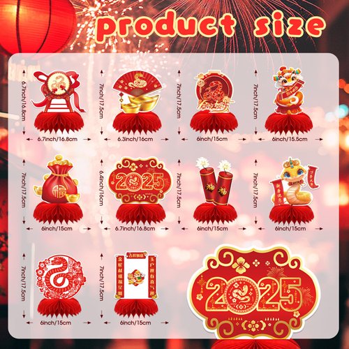 DTOFOOT 10 Pcs Chinese New Year Decoration, 2025 Lunar New Year Honeycomb Centerpieces for New Years Eve Party Red and Gold Table Toppers Centerpieces for Party Supplies