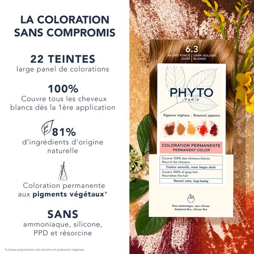PHYTO Phytocolor Permanent Hair Color, 6.3 Dark Golden Blonde, with Botanical Pigments, 100% Grey Hair Coverage, Ammonia-free, PPD-free, Resorcin-free, 0.42 oz.