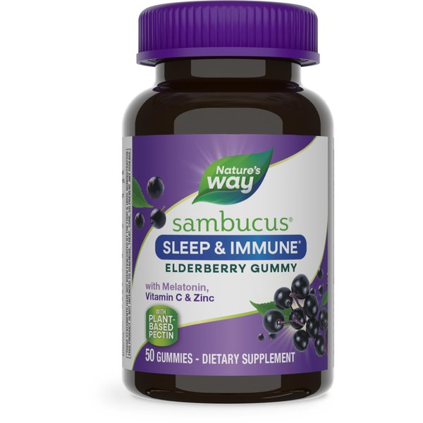 Nature’s Way Sambucus Sleep + Immune* Elderberry Gummies, Sleep and Immune Support*, With Melatonin, Vitamin C, L-Theanine, Zinc, 50 Gummies (Packaging May Vary)