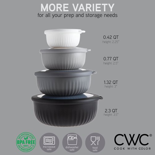 COOK WITH COLOR Prep Bowls - Wide Mixing Bowls Nesting Plastic Meal Prep Bowl Set with Lids - Small Bowls Food Containers in Multiple Sizes (Black Ombre)