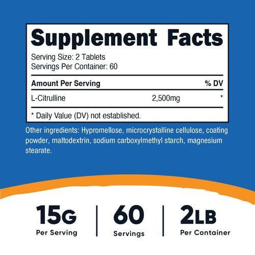 Nutricost L-Citrulline 2500mg Per Serving, 60 Servings, 1250mg Per Tablet, 120 Tabs - Non-GMO and Gluten Free Supplement