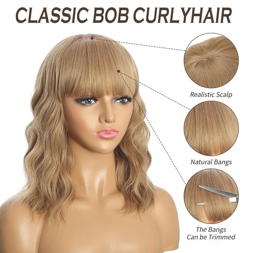 Ulzzviy Blonde Wig with Bangs for Women Colorful Charming Synthetic Wigs Shoulder Length Curly Bob Wigs Heat Resistant Fiber Hair Blonde Wig for White Women Girls Use