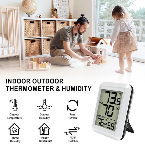 Indoor Outdoor Thermometer Hygrometer Wireless, Urageuxy Digital Temperature Humidity Monitor with 328ft Range Remote Sensor for Home, Greenhouse, Refrigerator, ℃/℉ Switch Optional (White)