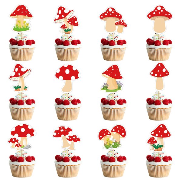 24PCS Jungle Plants Mushroom Cupcake Toppers Red Mushroom Theme Cake Topper Happy Birthday Cake Toppers Decorations for Girls Boys Baby Shower Decor Supplies