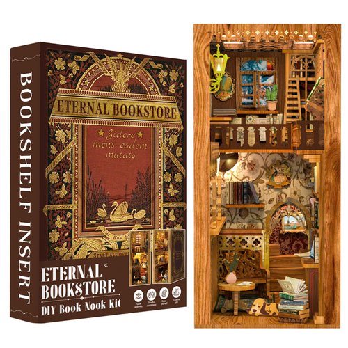 Fsolis Book Nook Kits, DIY Miniature House Kit Puzzle Booknooks Decorative Bookends Bookshelf Alley Decor Gifts for Women Craft Lovers (Enternal Bookstore)