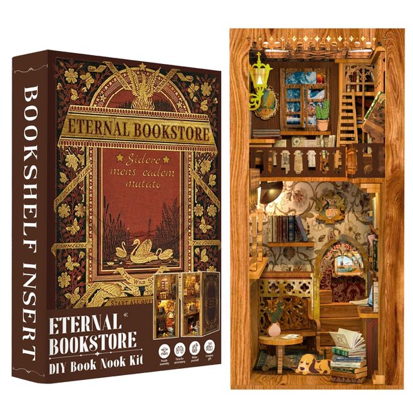 Fsolis Book Nook Kits, DIY Miniature House Kit Puzzle Booknooks Decorative Bookends Bookshelf Alley Decor Gifts for Women Craft Lovers (Enternal Bookstore)