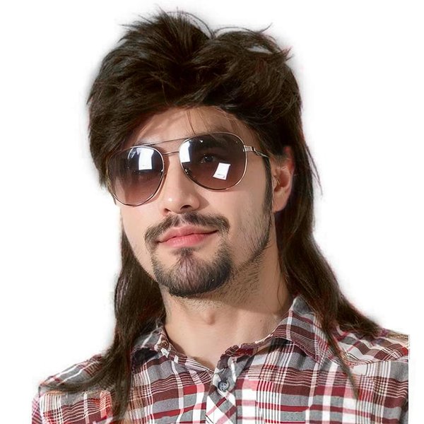 Sabosi Mullet Wig Brown 80s Men Wig,Punk Rocker Hair Party Daily Halloween Costumes Long Wigs