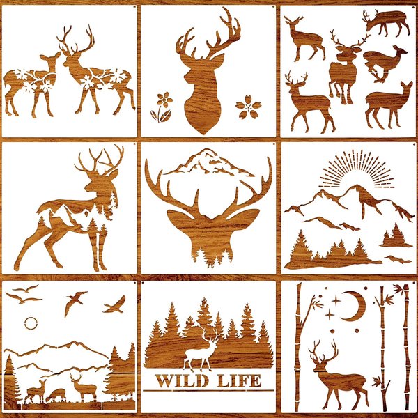 9 Pieces Forest Deer Mountain Stencils Moon Bamboo Pattern Stencils Animal Flower Reusable Templates Forest Theme DIY Stencils with Metal Open Ring for Painting on Wood Wall Home Decors