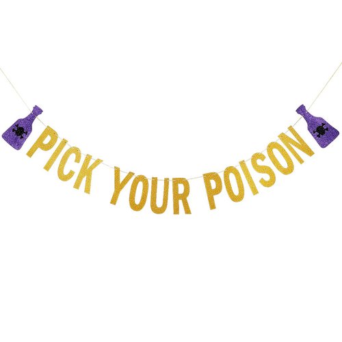 Gold Glitter Pick Your Poison Banner Potion Bar Banner, Pick Your Poison Sign Halloween Party Banner for Haunted Mansion Home Halloween Hocus Pocus Party Decorations