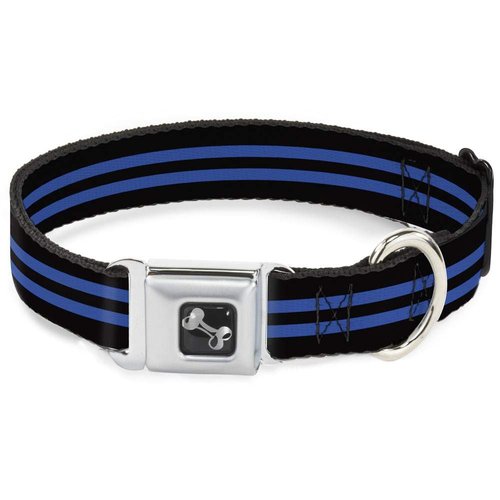 Dog Collar Seatbelt Buckle Stripe Black Blue 16 to 23 Inches 1.5 Inch Wide