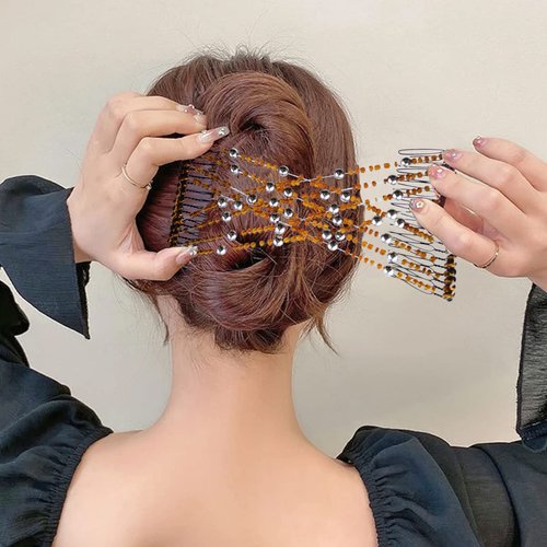4 Pieces Elastic Beaded Magic Hair Comb Stretchy Double Comb Hair Fork Clips No Crease Hairpins Combs for Women Girls Vintage Hairstyle Multipurpose Hair Accessories, 4 Color (Beads Style)