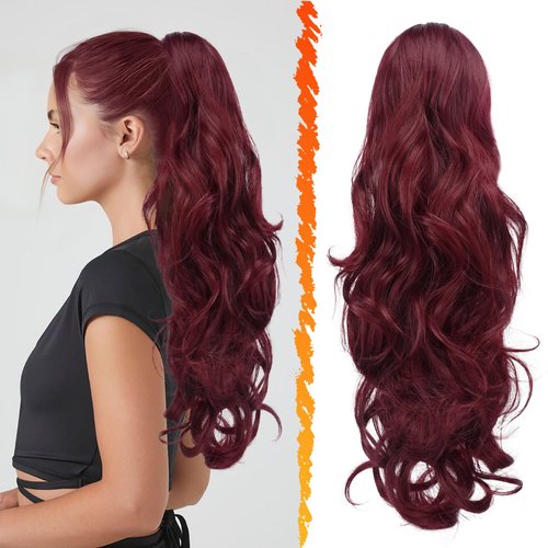 BARSDAR Red Ponytail Extension - 20 Inch Wavy Drawstring Ponytail Hair Extensions for Women - Curly Wavy Synthetic Clip in Fake Pony Tails Hairpieces Daily Party - Red