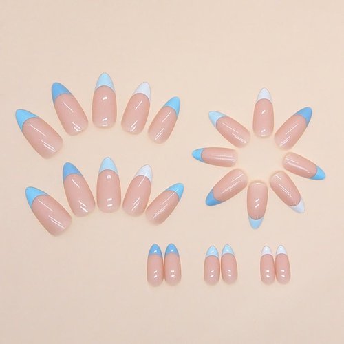 RikView French Tip Nails Almond Press on Nails Medium Fake Nails Blue Nails Glossy Stick on Nails for Women 24 PCS