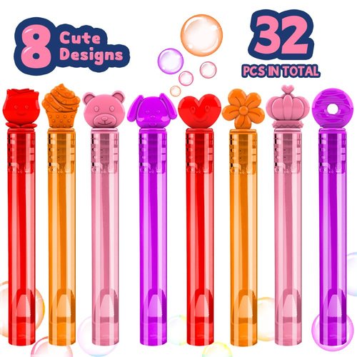 VKTEN 32Pcs Valentines Day Mini Bubble Wands Assortment 8 Styles Bubble Party Favors for Kids, Bubbles for Kids, Valentines School Classroom Exchange Prizes Gifts