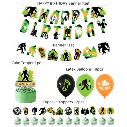 Bigfoot Birthday Party Supplies Set Bigfoot Banner Balloons Cake Topper, Flag Pulling Bigfoot Party Decoration Favors for Kids Man Sports Fan Birthday Party
