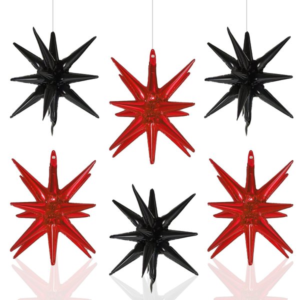 6 Pcs Star Foil Balloons One-Piece 14-Pointed Star Balloons 4D Starburst Cone Mylar Balloons 22inch Christmas Birthday Wedding Wedding Anniversary Party Supplies(Black + Red)