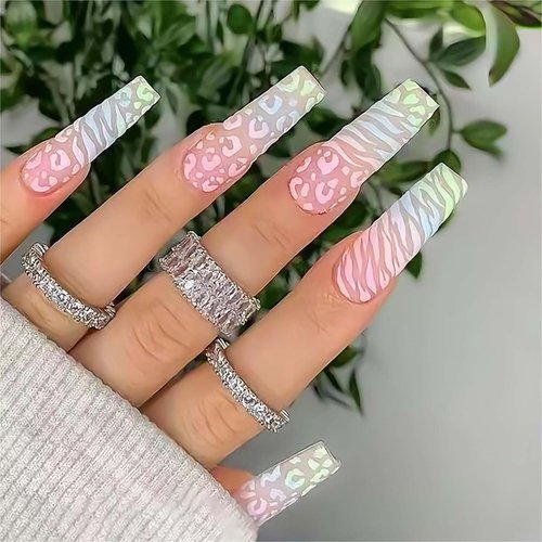Vokupoga Press on Nails Long Square Fake Nails with Nails Acrylic False Nails with Color Water Ripples Designs Long Coffin Artificial Nail Press ons Reusable Natural Stick on Nails for Women 24Pcs
