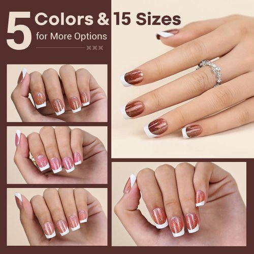 YILAMO French Tip Short Press on Nails Square, 300 Pcs Pre-design Short Dip Powder Fake Nails, 5 Colors Glitter Nail Press on - 15 Sizes Gel Nail Tips for Nail Art DIY